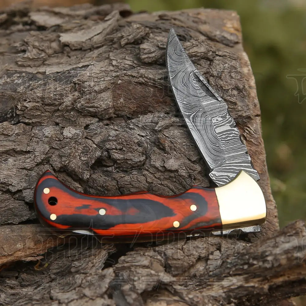 6.5 Handmade Damascus Pocket Knife - Folding Stained Wood Handle Wh 5028