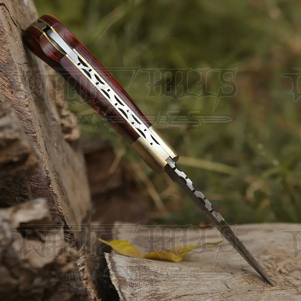 6.5 Handmade Damascus Pocket Knife - Folding Stained Wood Handle Wh 5028