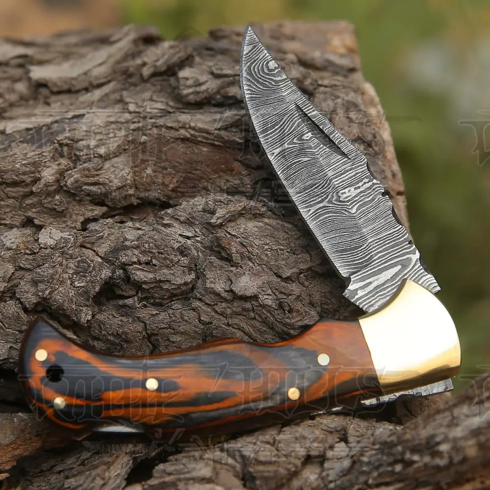 6.5 Handmade Damascus Pocket Knife - Folding Stained Wood Handle Wh 5029
