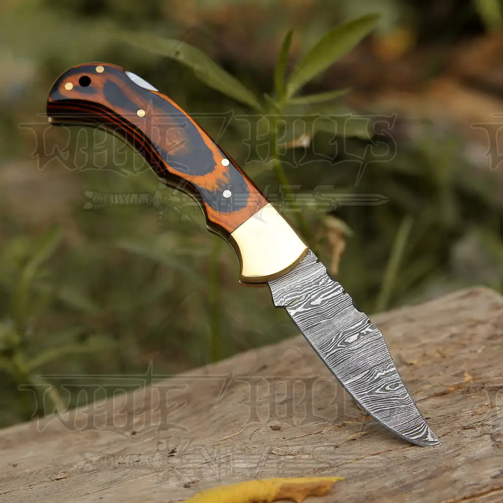 6.5 Handmade Damascus Pocket Knife - Folding Stained Wood Handle Wh 5029