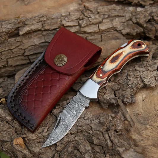 6.5 Handmade Damascus Pocket Knife - Folding Stained Wood Handle Wh 5030