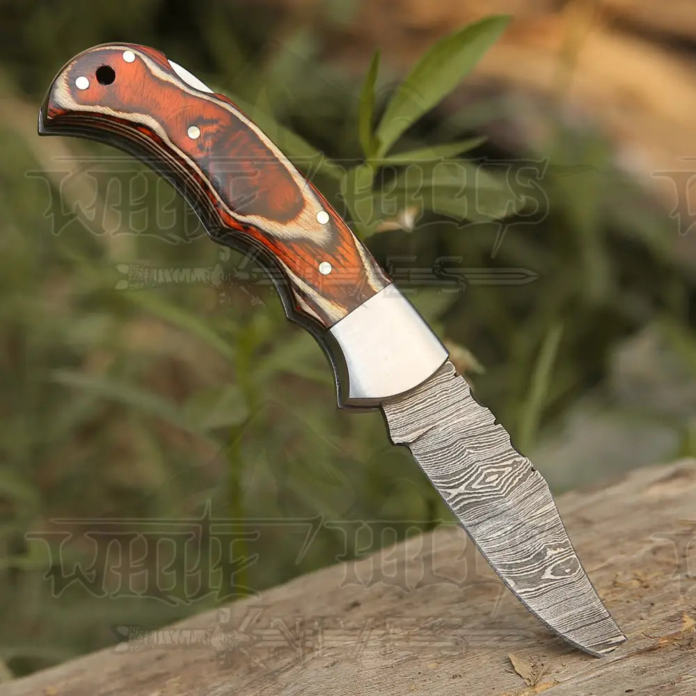 6.5 Handmade Damascus Pocket Knife - Folding Stained Wood Handle Wh 5030