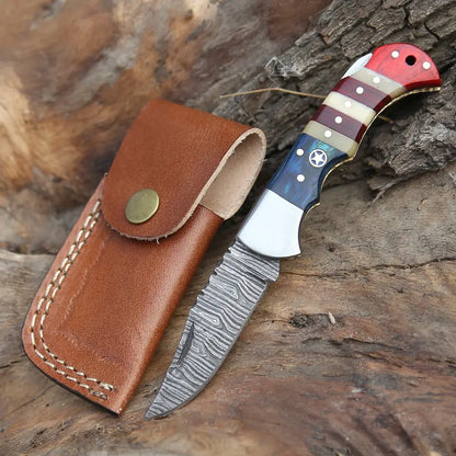 6.5 Handmade Damascus Pocket Knife - Folding Texas Flag Handle Wh 5031