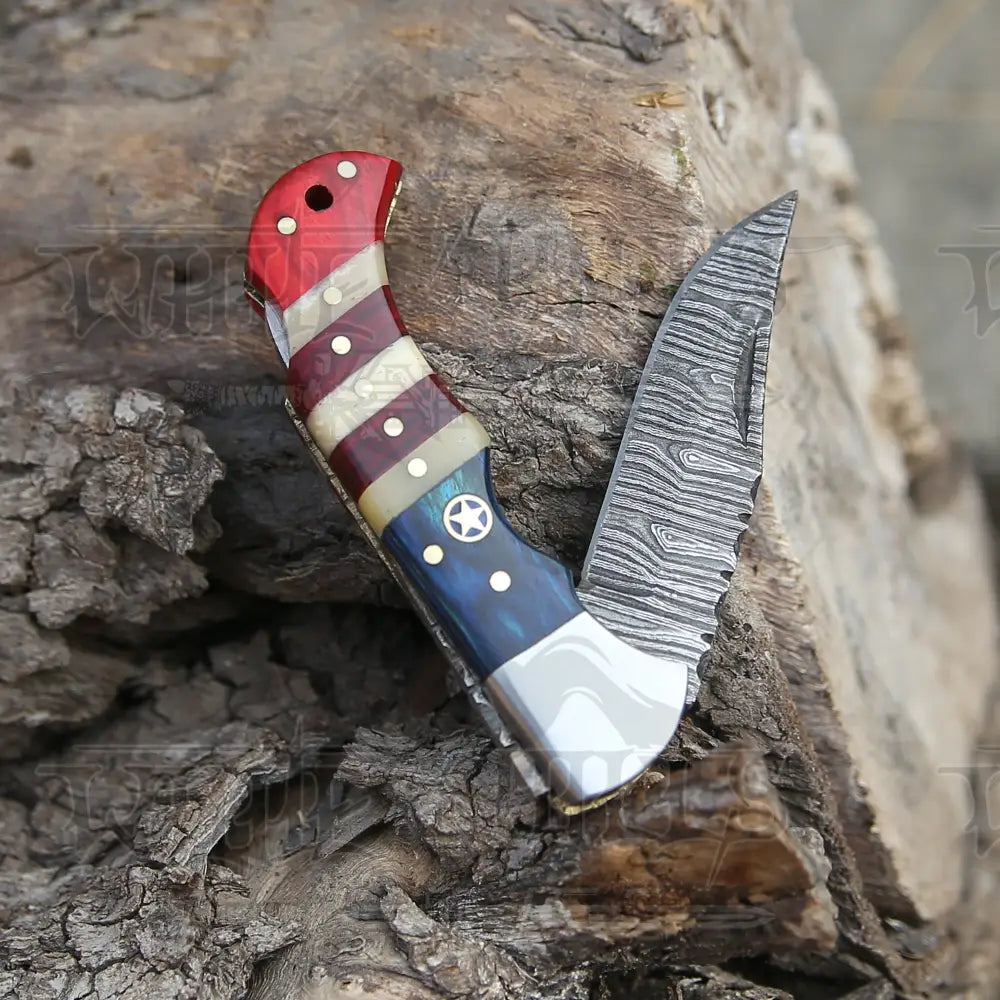 6.5 Handmade Damascus Pocket Knife - Folding Texas Flag Handle Wh 5031