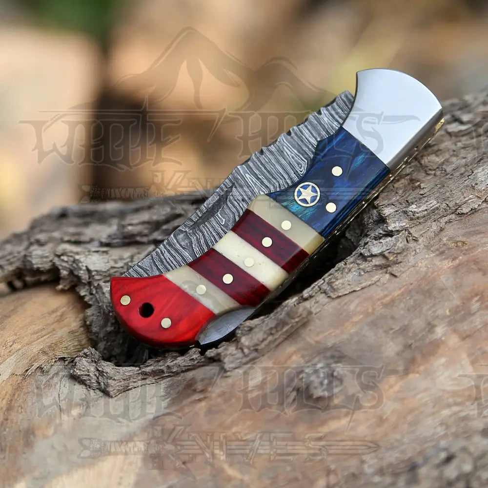 6.5 Handmade Damascus Pocket Knife - Folding Texas Flag Handle Wh 5031