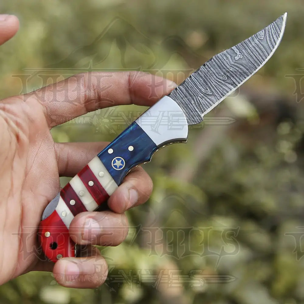 6.5 Handmade Damascus Pocket Knife - Folding Texas Flag Handle Wh 5031