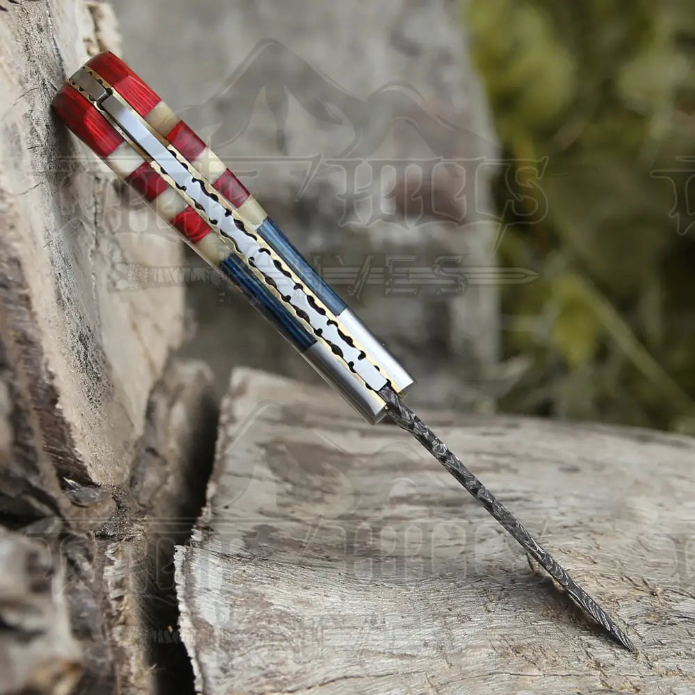 6.5 Handmade Damascus Pocket Knife - Folding Texas Flag Handle Wh 5031
