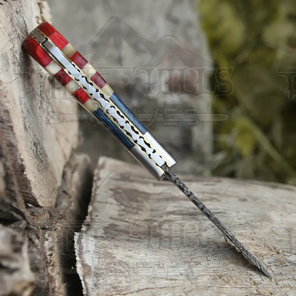6.5 Handmade Damascus Pocket Knife - Folding Texas Flag Handle Wh 5031