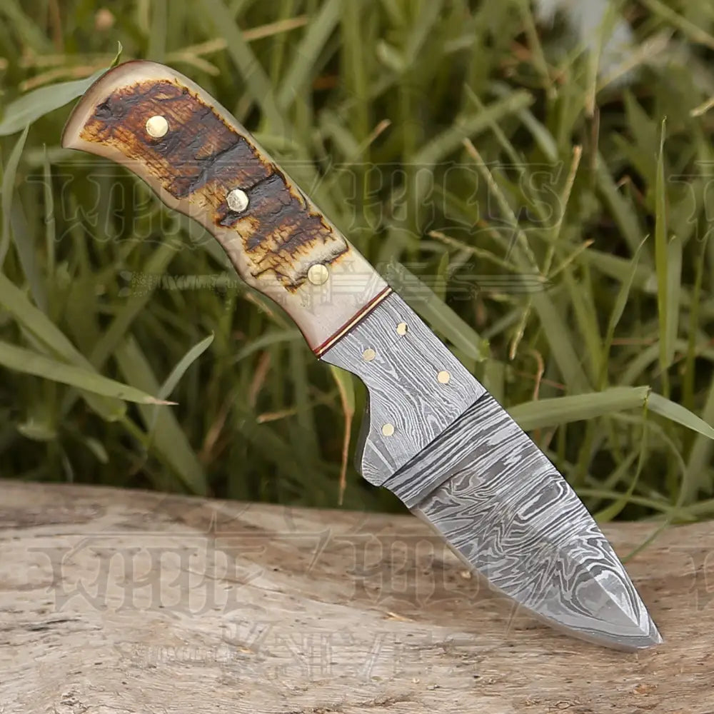 7.25 Handmade Forged Damascus Steel Full Tang Skinner Knife - Ram Horn Handle