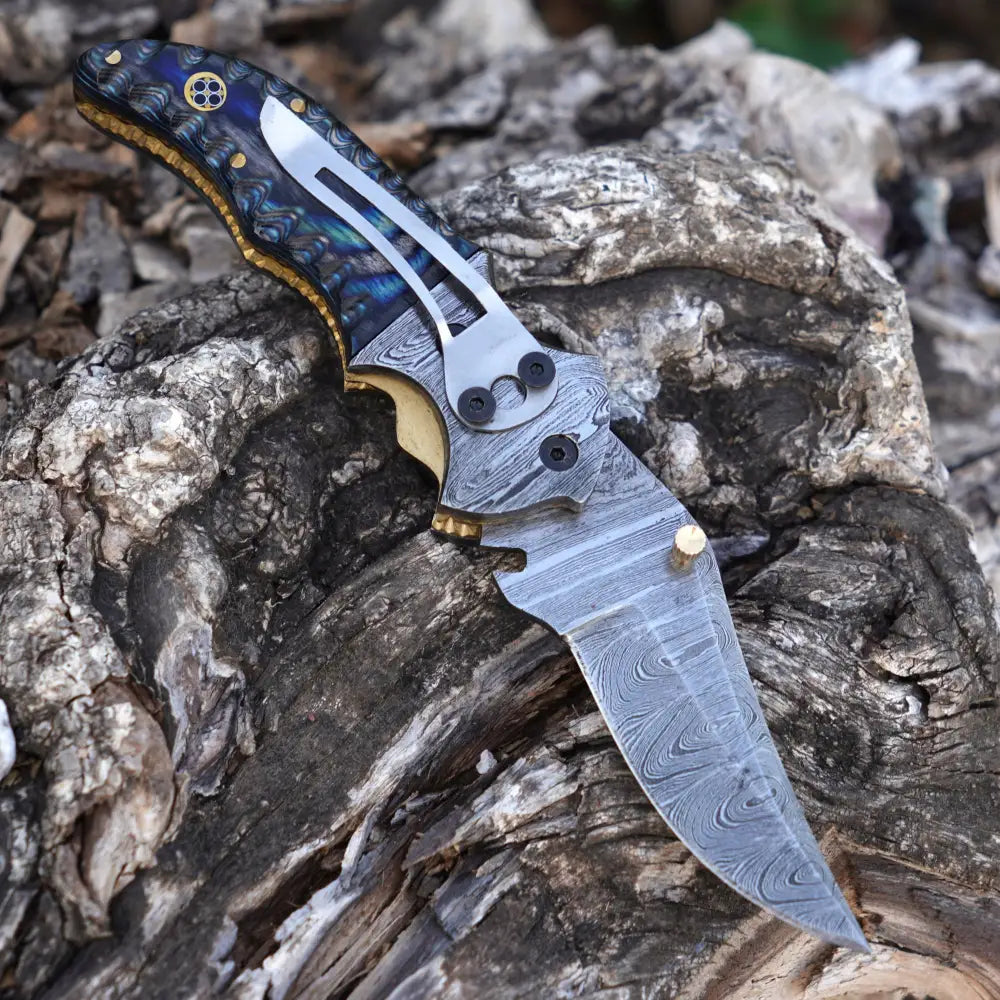 7’’ Handmade Damascus Pocket Knife With Clip - Blue Pakka Wood Handle Bolster Wh 3531 -Cp Folding