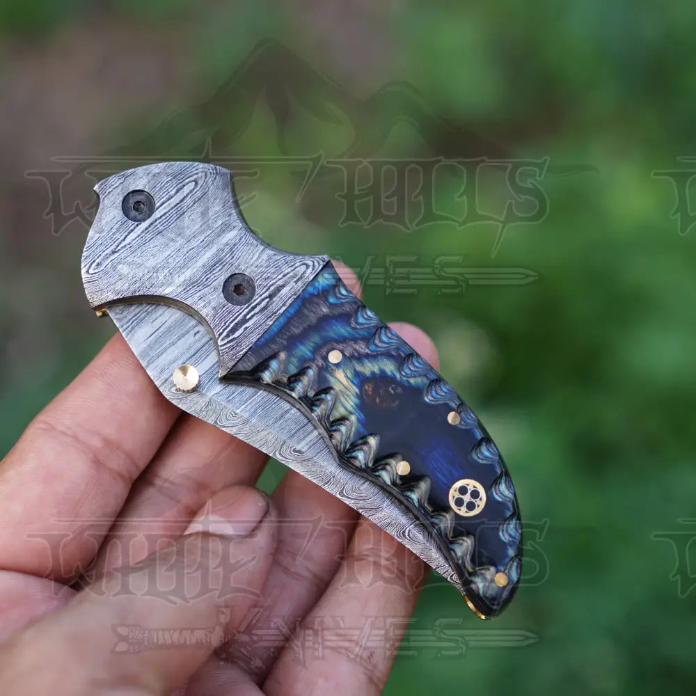 7’’ Handmade Damascus Pocket Knife With Clip - Blue Pakka Wood Handle Bolster Wh 3531 -Cp Folding