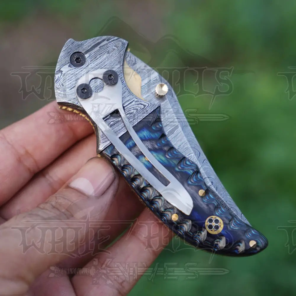 7’’ Handmade Damascus Pocket Knife With Clip - Blue Pakka Wood Handle Bolster Wh 3531 -Cp Folding