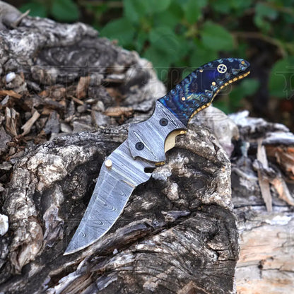 7’’ Handmade Damascus Pocket Knife With Clip - Blue Pakka Wood Handle Bolster Wh 3531 -Cp Folding