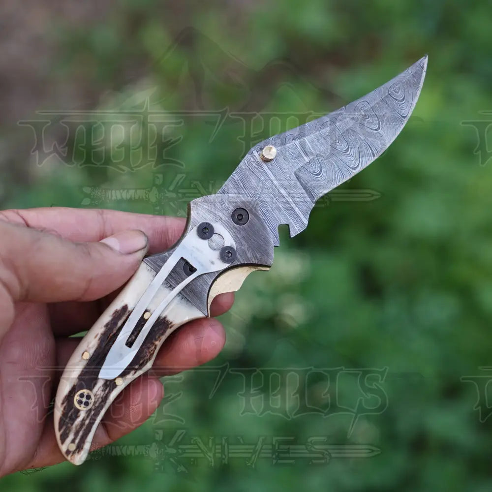 7’’ Handmade Damascus Pocket Knife With Clip - Stag Antler Handle Bolster Wh 3530-Cp Folding