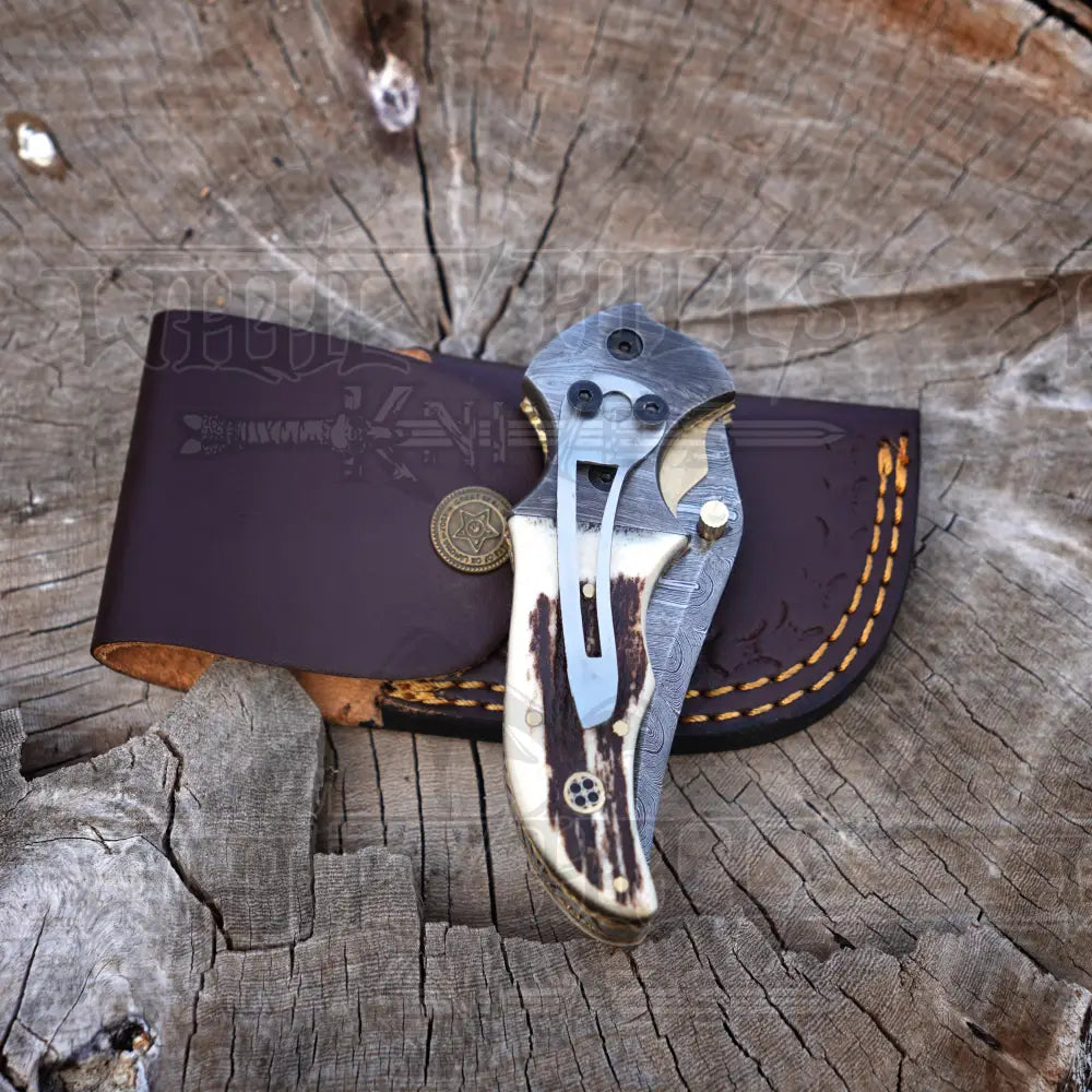 7’’ Handmade Damascus Pocket Knife With Clip - Stag Antler Handle Bolster Wh 3530-Cp Folding