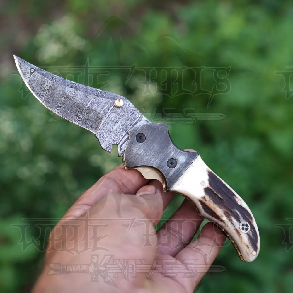 7’’ Handmade Damascus Pocket Knife With Clip - Stag Antler Handle Bolster Wh 3530-Cp Folding