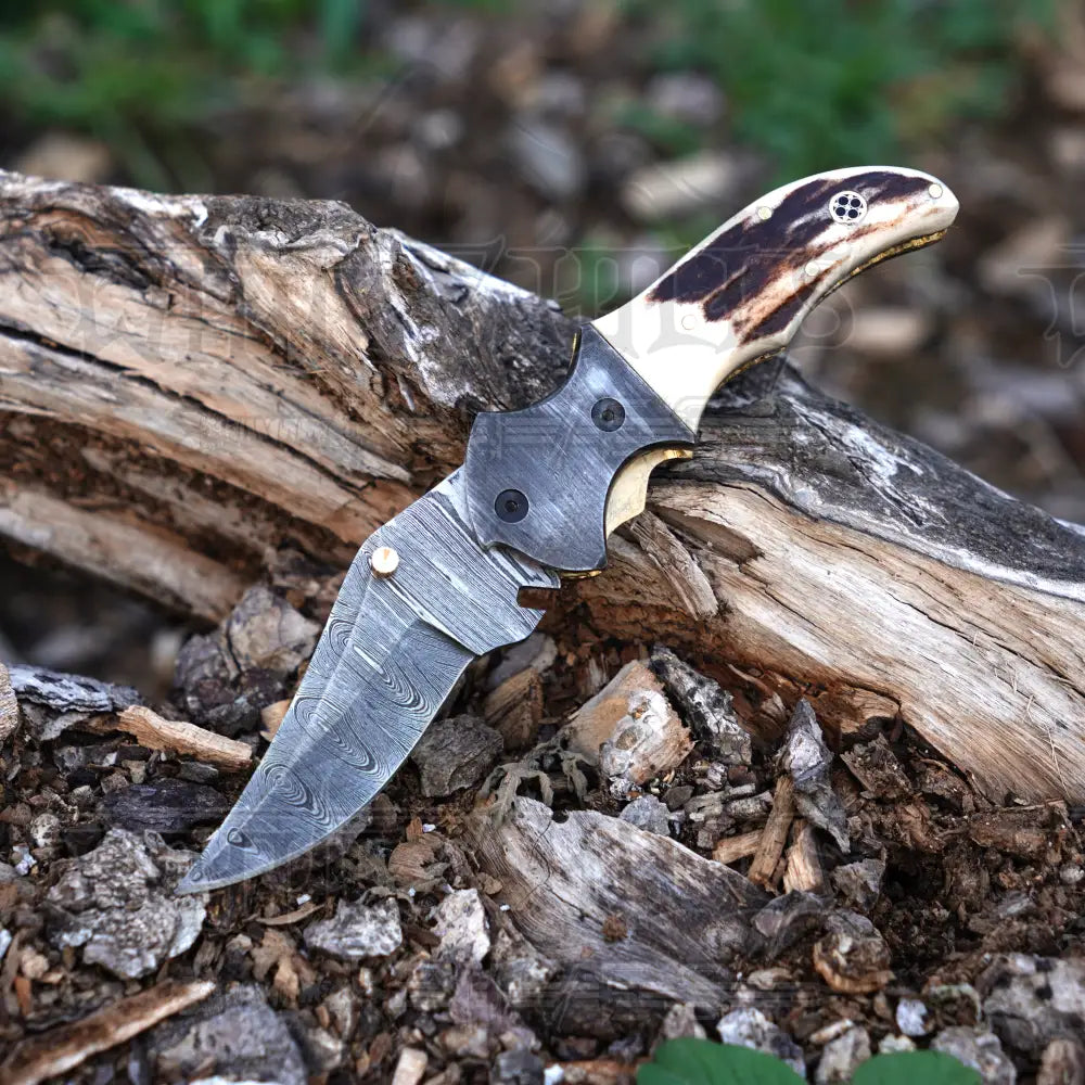 7’’ Handmade Damascus Pocket Knife With Clip - Stag Antler Handle Bolster Wh 3530-Cp Folding