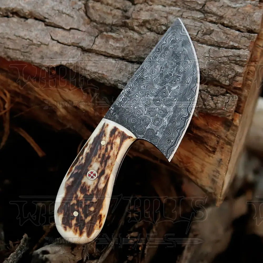 7” Handmade Damascus Steel Skinner Knife - Stag Antler Handle Full Tang