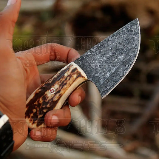 7” Handmade Damascus Steel Skinner Knife - Stag Antler Handle Full Tang