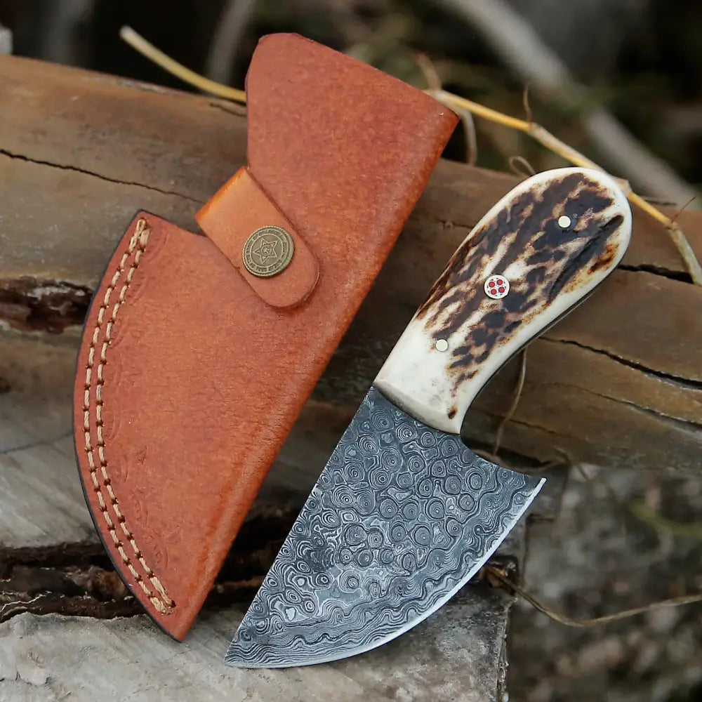 7” Handmade Damascus Steel Skinner Knife - Stag Antler Handle Full Tang