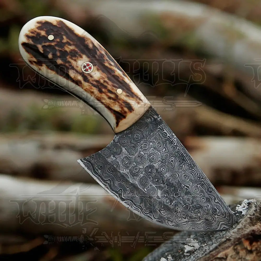 7” Handmade Damascus Steel Skinner Knife - Stag Antler Handle Full Tang