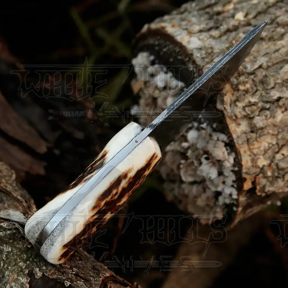 7” Handmade Damascus Steel Skinner Knife - Stag Antler Handle Full Tang