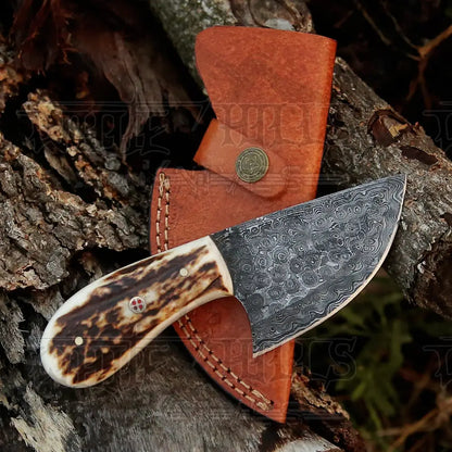 7” Handmade Damascus Steel Skinner Knife - Stag Antler Handle Full Tang