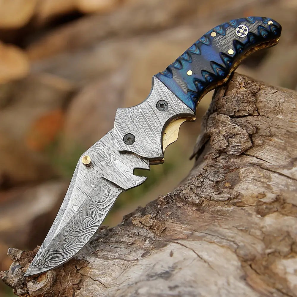 7’ Handmade Forged Damascus Pocket Folding Knife - Blue Pakka Wood Handle Bolster Wh 3531