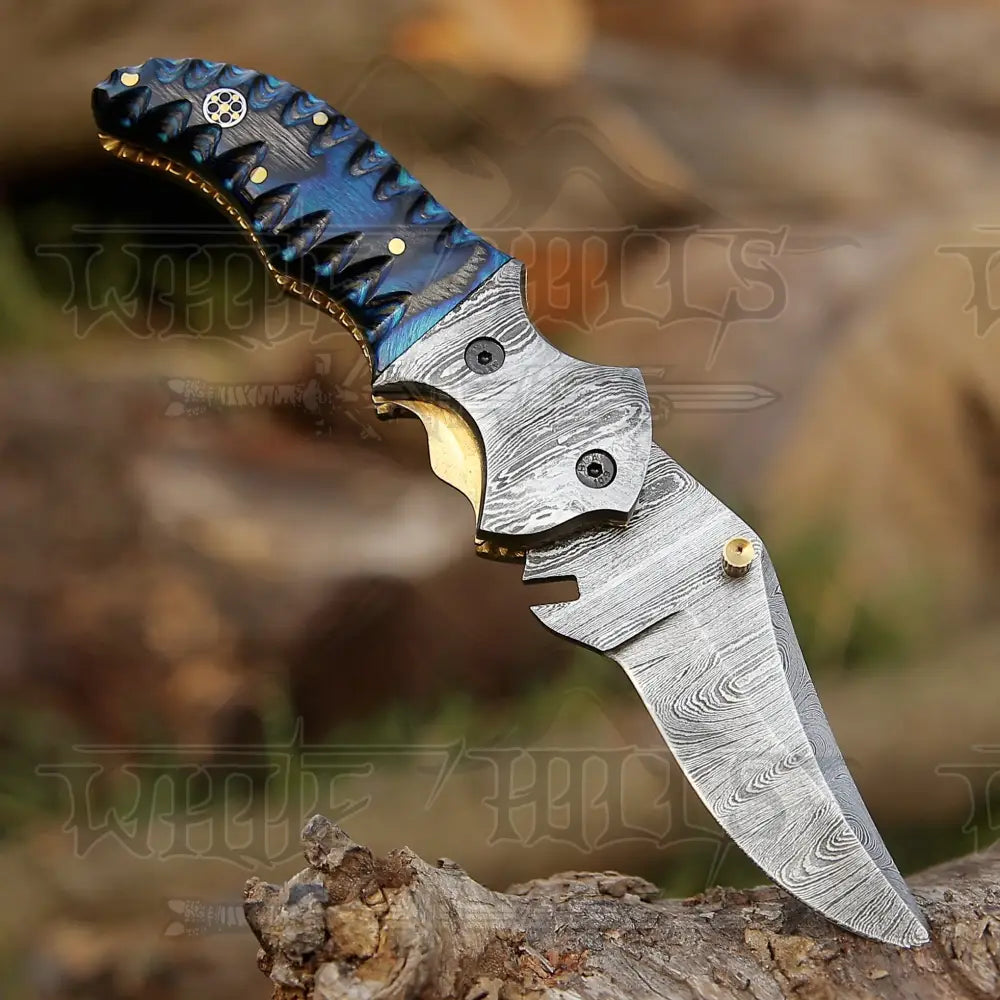 7’ Handmade Forged Damascus Pocket Folding Knife - Blue Pakka Wood Handle Bolster Wh 3531