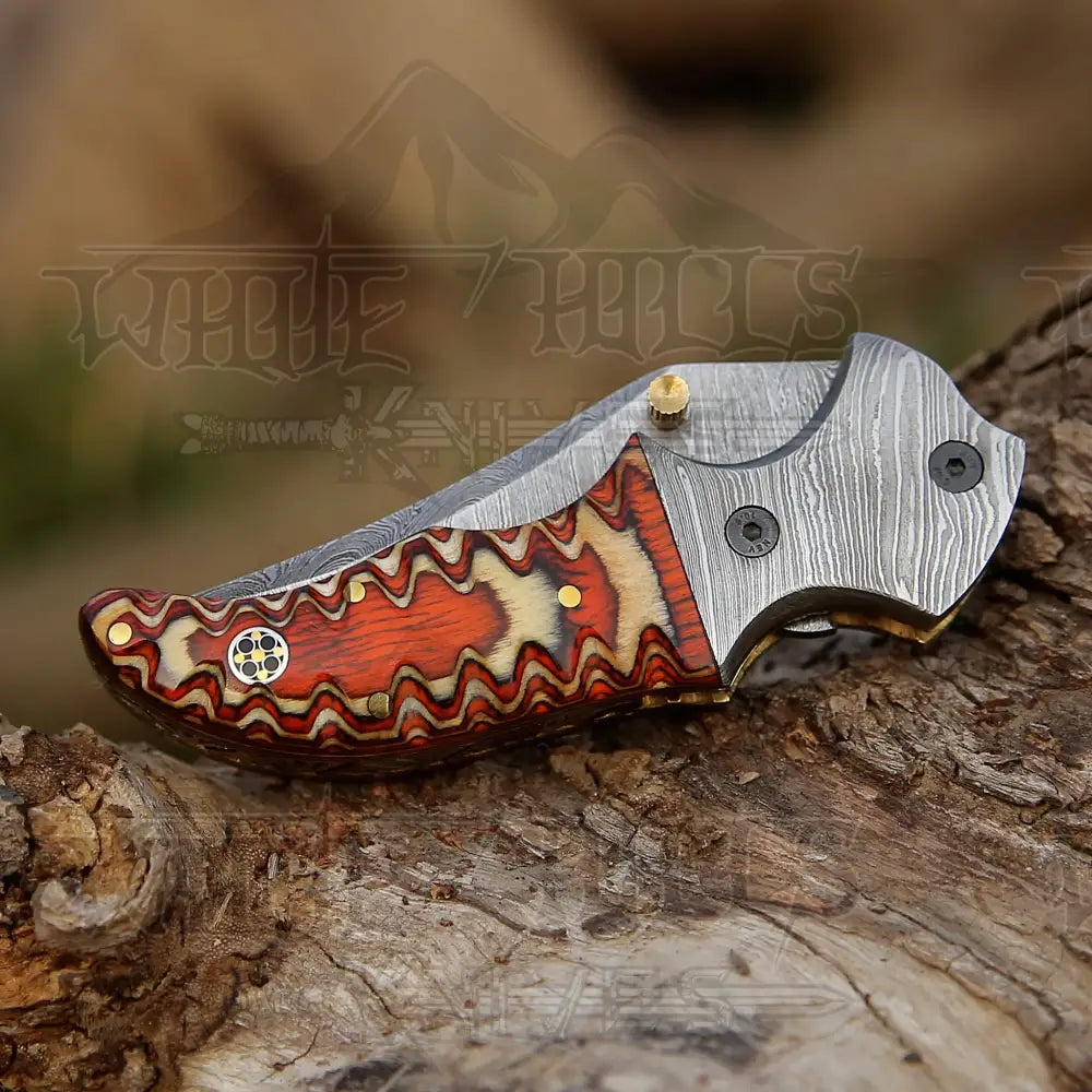 7’ Handmade Forged Damascus Pocket Folding Knife - Orange Pakka Wood Handle Bolster Wh 3533