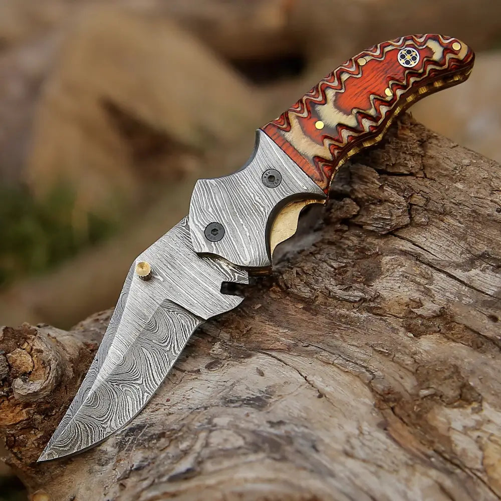7’ Handmade Forged Damascus Pocket Folding Knife - Orange Pakka Wood Handle Bolster Wh 3533