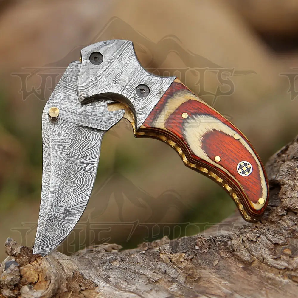 7’ Handmade Forged Damascus Pocket Folding Knife - Pakka Wood Handle Bolster Wh 3535