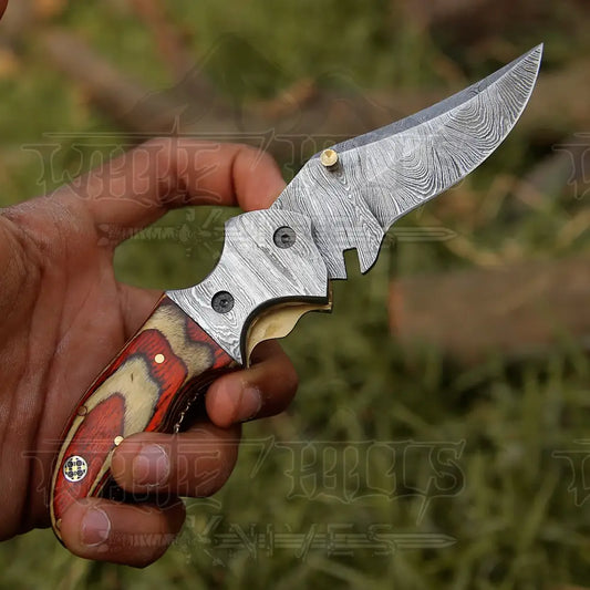 7’ Handmade Forged Damascus Pocket Folding Knife - Pakka Wood Handle Bolster Wh 3535