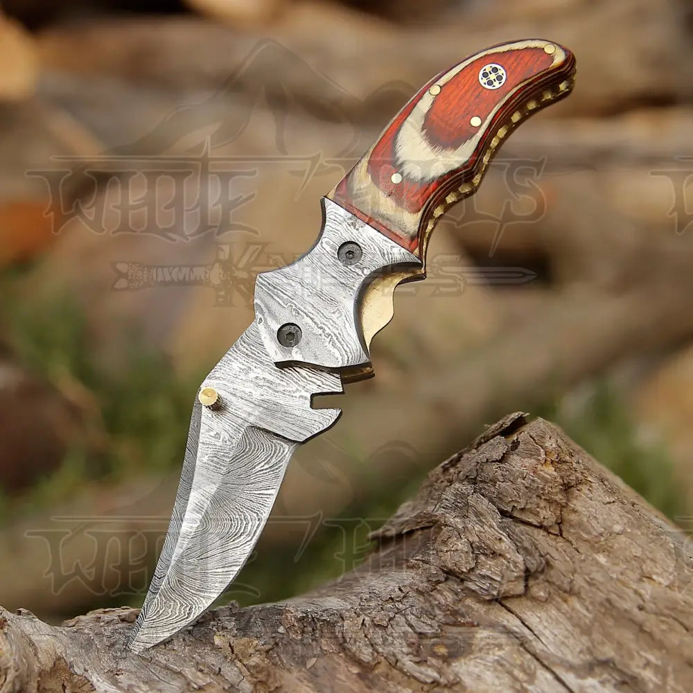 7’ Handmade Forged Damascus Pocket Folding Knife - Pakka Wood Handle Bolster Wh 3535