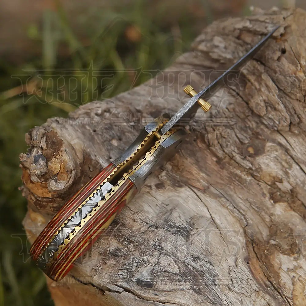 7’ Handmade Forged Damascus Pocket Folding Knife - Pakka Wood Handle Bolster Wh 3535