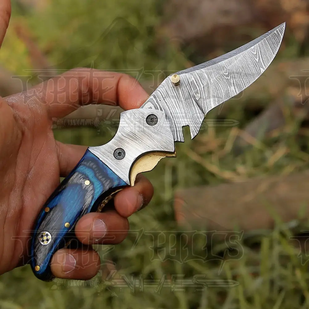 7’ Handmade Forged Damascus Pocket Folding Knife - Pakka Wood Handle Bolster Wh 3537