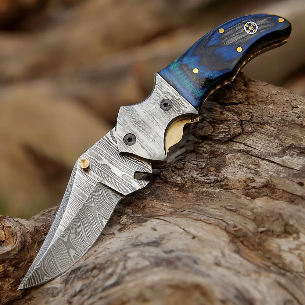 7’ Handmade Forged Damascus Pocket Folding Knife - Pakka Wood Handle Bolster Wh 3537