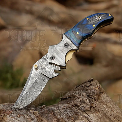 7’ Handmade Forged Damascus Pocket Folding Knife - Pakka Wood Handle Bolster Wh 3537