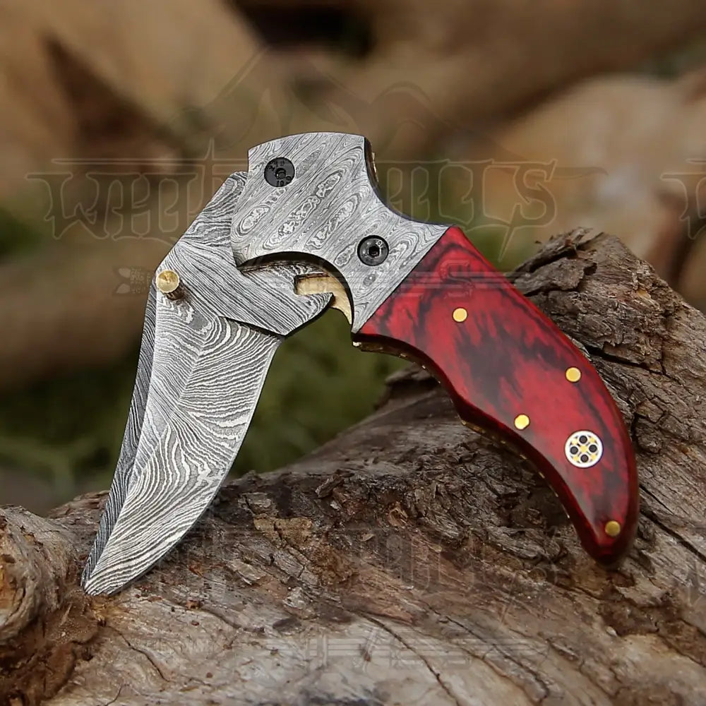 7’ Handmade Forged Damascus Pocket Folding Knife - Pakka Wood Handle Bolster Wh 3538