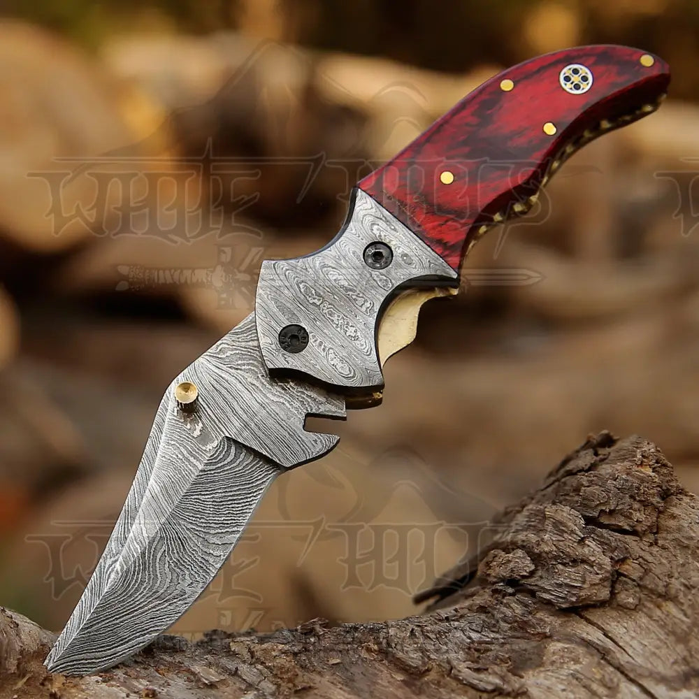 7’ Handmade Forged Damascus Pocket Folding Knife - Pakka Wood Handle Bolster Wh 3538