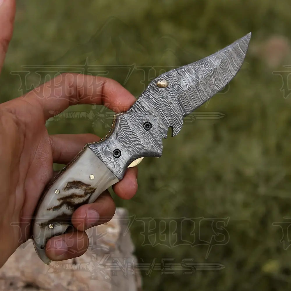 7 Handmade Forged Damascus Pocket Folding Knife - Ram Horn Handle Bolster Wh 3529
