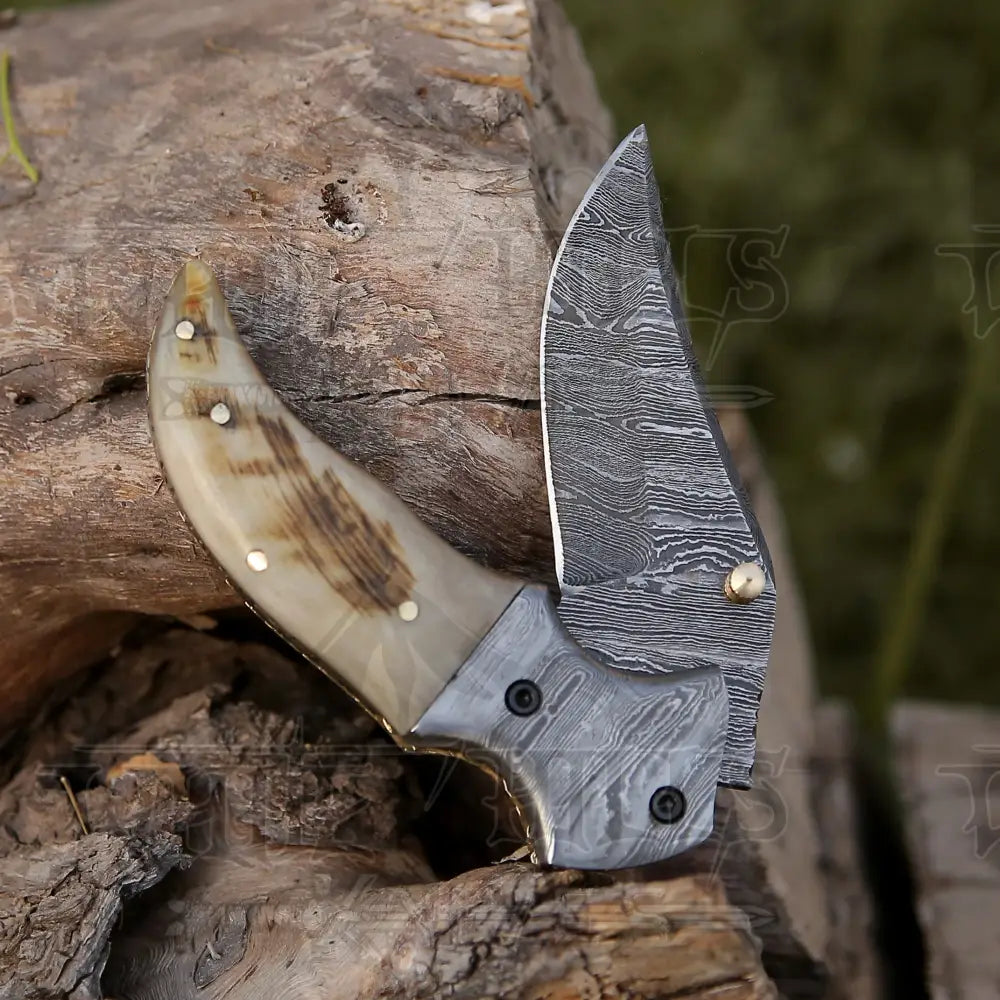 7 Handmade Forged Damascus Pocket Folding Knife - Ram Horn Handle Bolster Wh 3529