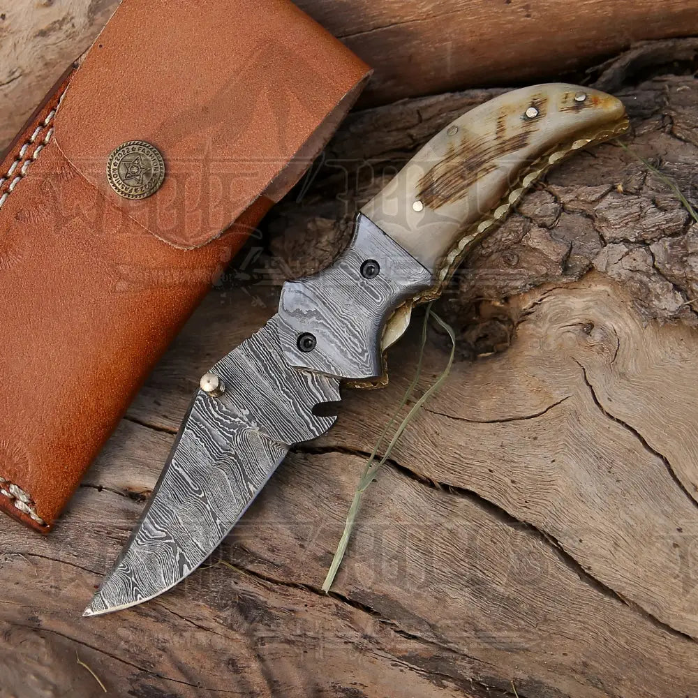 7 Handmade Forged Damascus Pocket Folding Knife - Ram Horn Handle Bolster Wh 3529