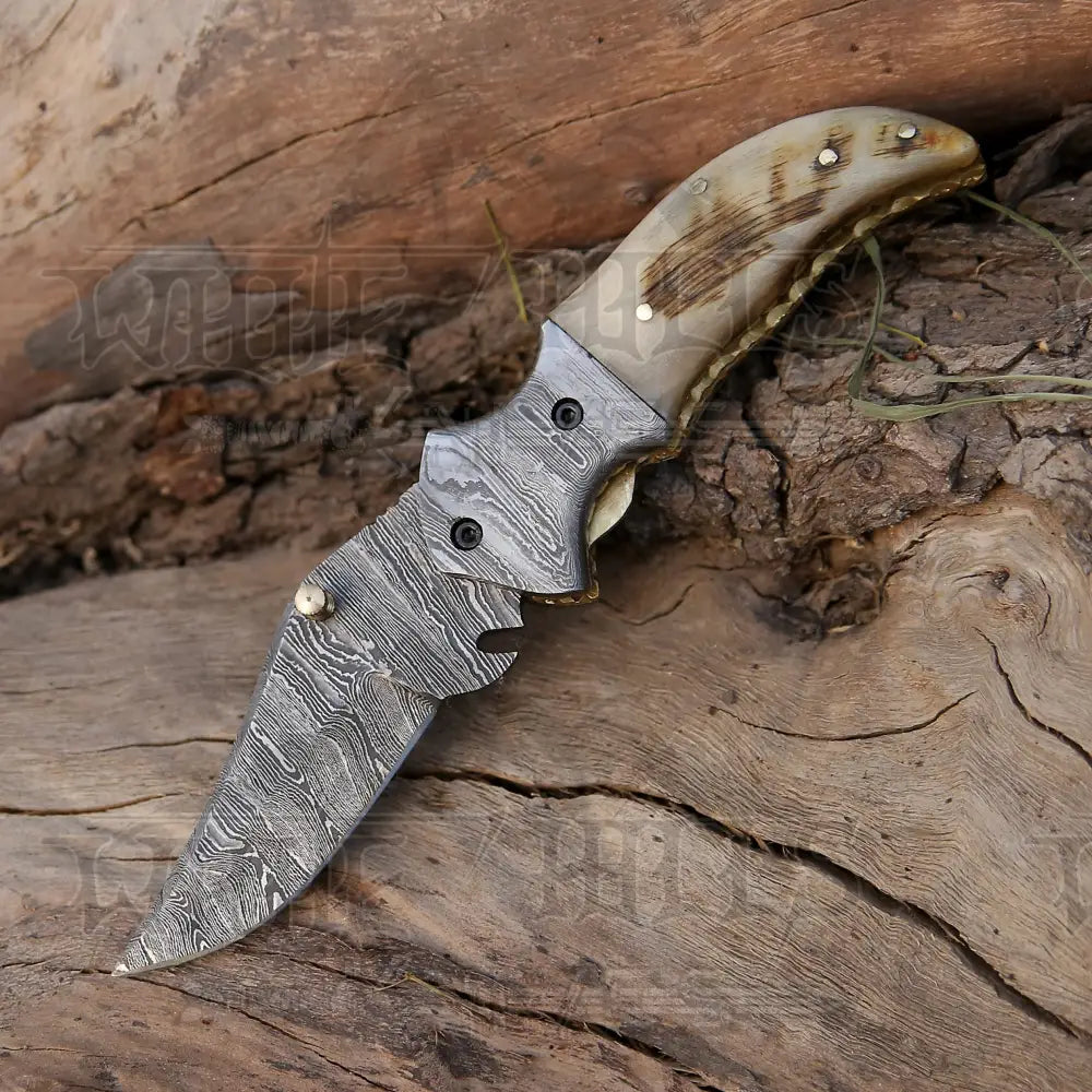 7 Handmade Forged Damascus Pocket Folding Knife - Ram Horn Handle Bolster Wh 3529