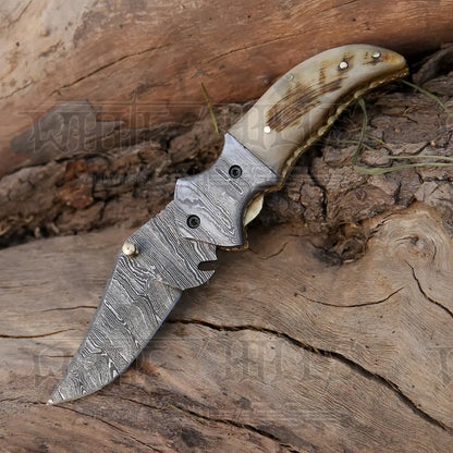 7 Handmade Forged Damascus Pocket Folding Knife - Ram Horn Handle Bolster Wh 3529