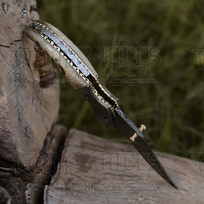 7 Handmade Forged Damascus Pocket Folding Knife - Ram Horn Handle Bolster Wh 3529