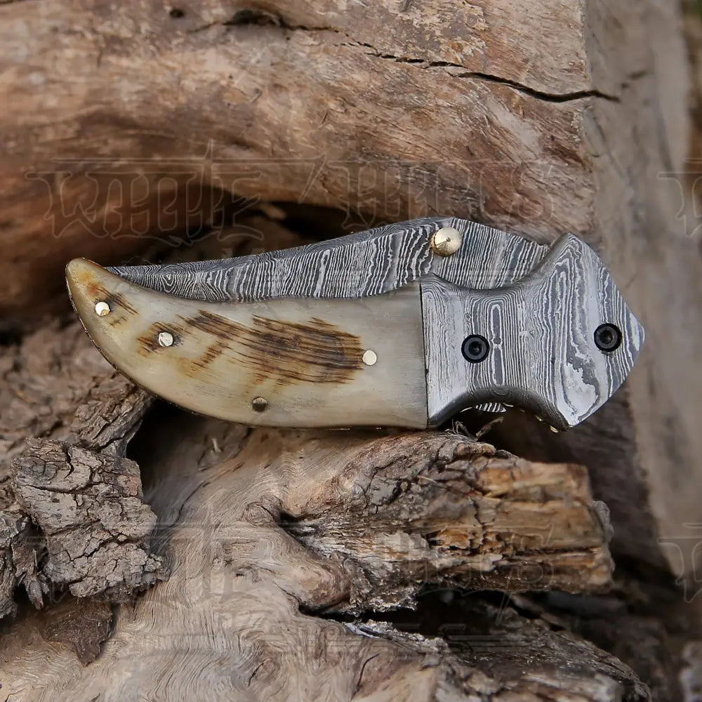 7 Handmade Forged Damascus Pocket Folding Knife - Ram Horn Handle Bolster Wh 3529