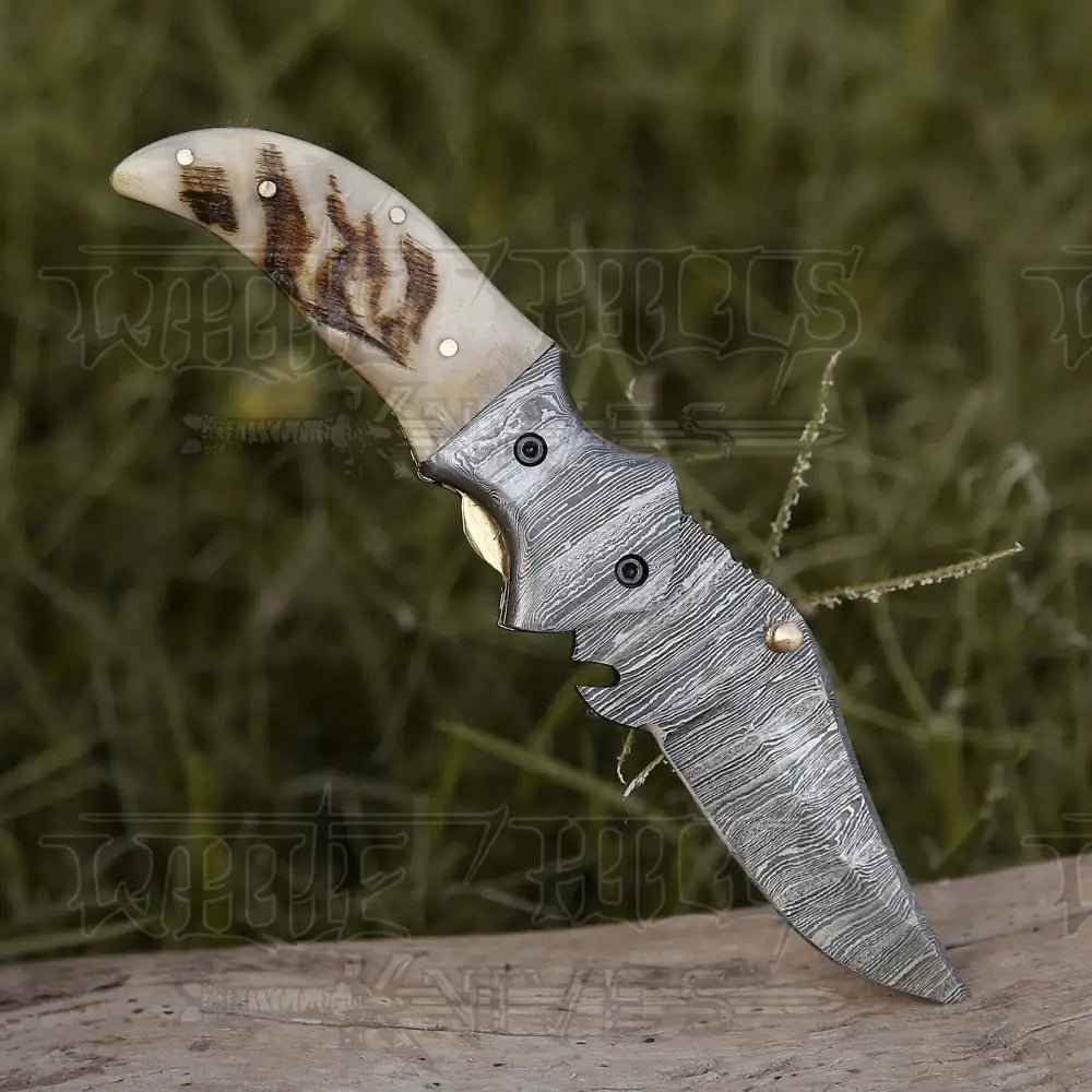 7 Handmade Forged Damascus Pocket Folding Knife - Ram Horn Handle Bolster Wh 3529