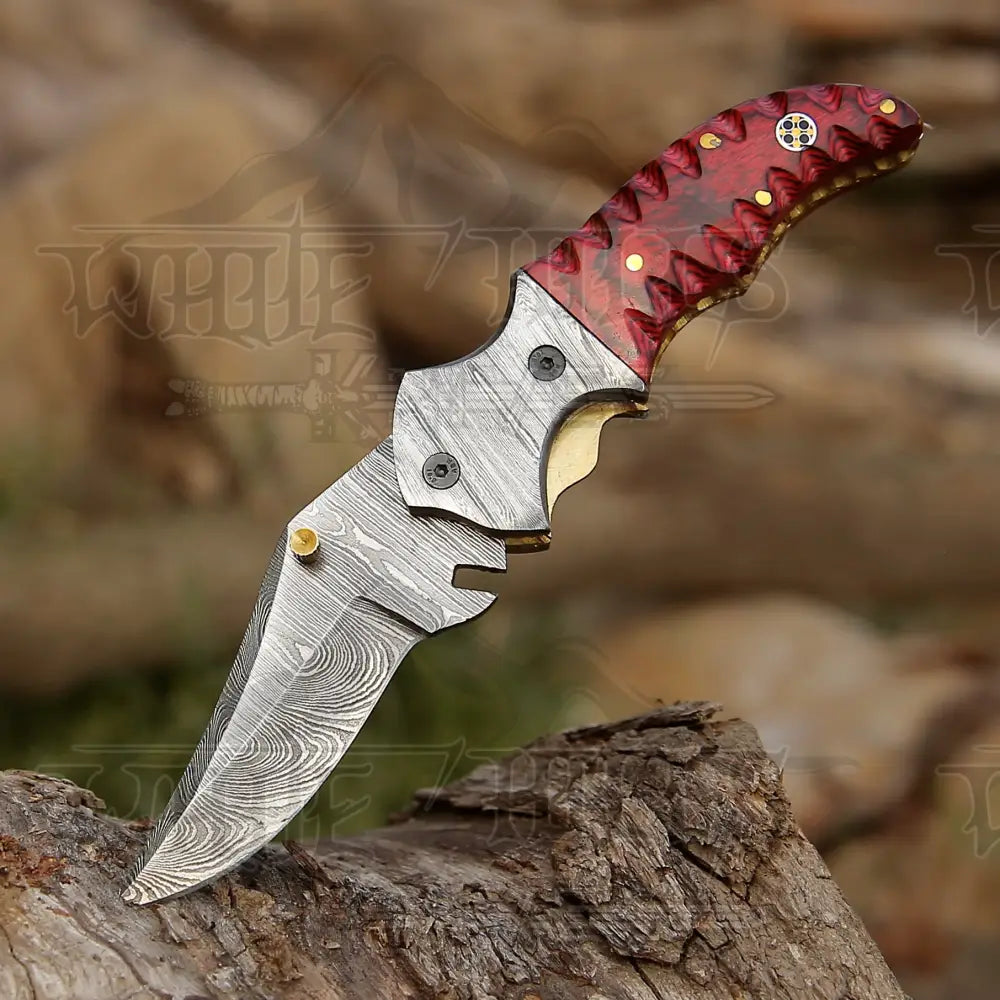 7’ Handmade Forged Damascus Pocket Folding Knife - Red Pakka Wood Handle Bolster Wh 3534