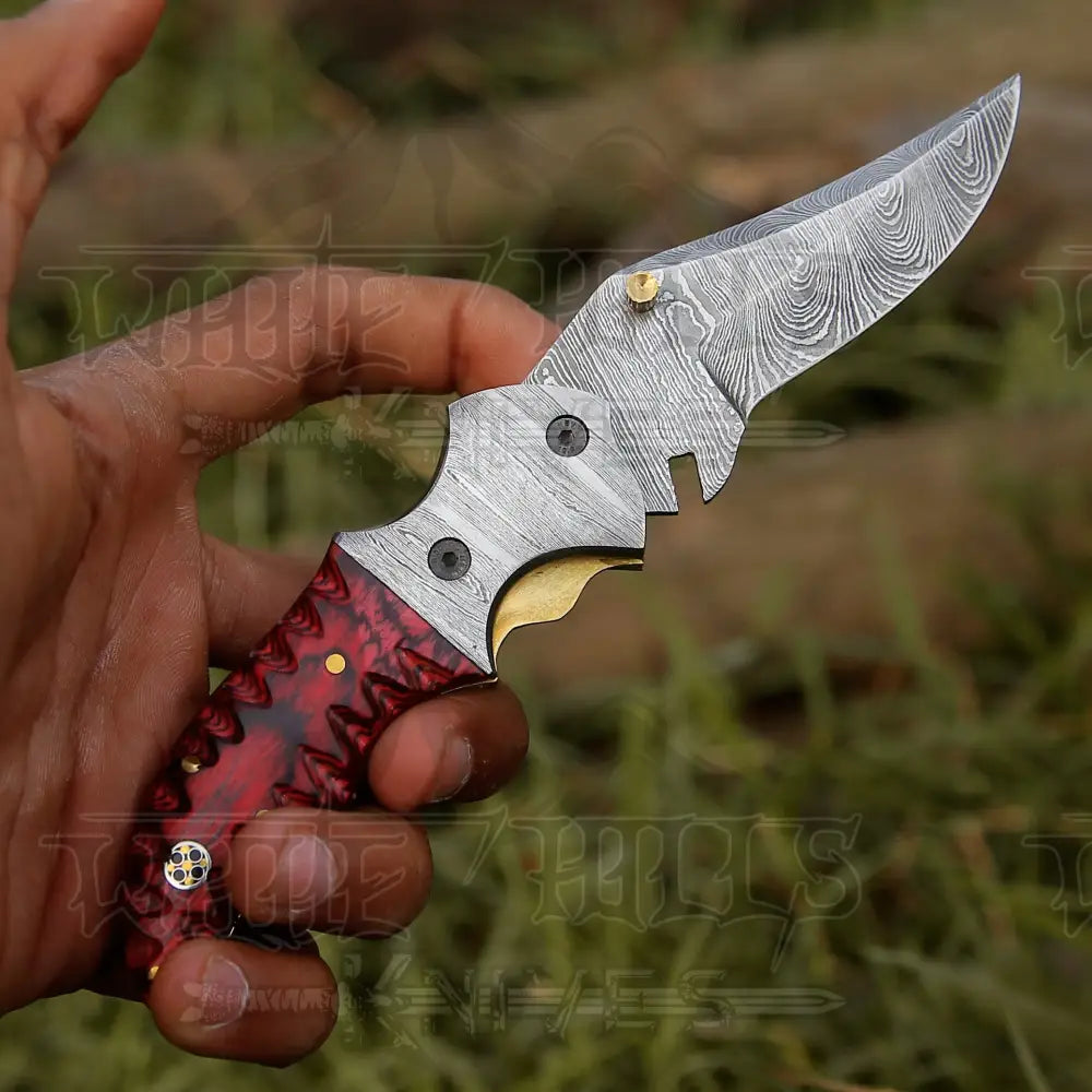 7’ Handmade Forged Damascus Pocket Folding Knife - Red Pakka Wood Handle Bolster Wh 3534
